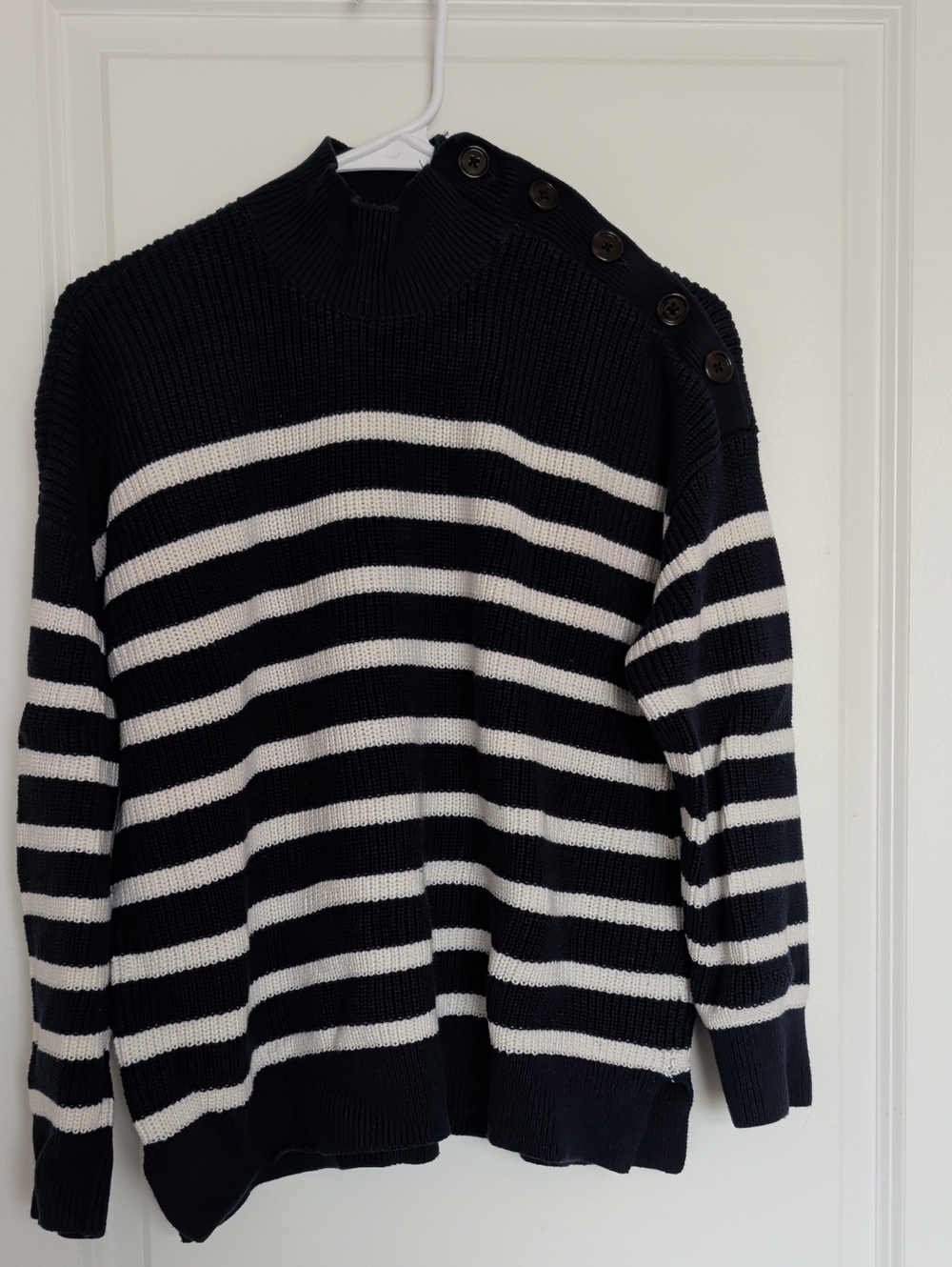 LOFT Navy and White Striped Turtleneck Sweater with Shoulder Buttons